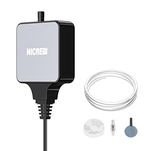 NICREW Nano Silent Mini Ossigenatore per Acquario Super Silenzioso, insieme a Aeratore Acquario e Flusso di 18L H, Adatta per Acquario Fino a 40L
