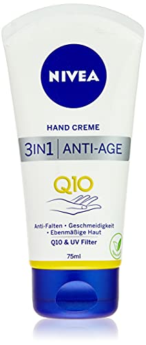NIVEA Crema per le mani 3 in 1 anti-età Q10, 75 ml, cura delle mani antirughe con Q10 e filtro UV, crema nutriente per le mani normali e asciutte