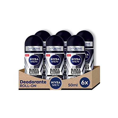 Nivea MEN Black & White Invisible Roll-On Deodorante Uomo Antitraspirante, Anti-Aloni, Confezione da 6 x 50 ml