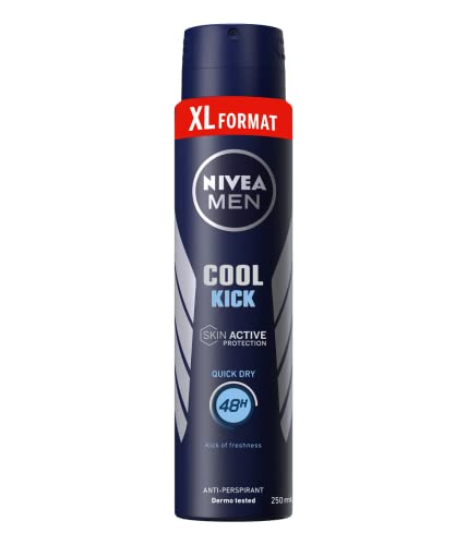 Nivea MEN Cool Kick Spray deodorante maxi formato da 250 ml, Deodorante uomo con formula Cool-Care, Deodorante anti-traspirante per 48 h di intensa freschezza