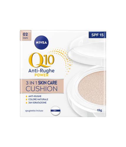 Nivea Q10 Plus Anti-Age 3in1 Skin Care Cushion, 1 x 15 ml, Crema Colorata Antietà Donna con Fattore di Protezione Solare 15, Crema Idratante e Colorata, 02 Dark