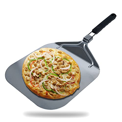 NOKITC Pala per Pizza - Pala Pizza in Alluminio Corta Forata con Manico pieghevole, per cuocere al forno pizzas, pane, torte fatte in casa, grande superficie di appoggio (63 x 32 cm)