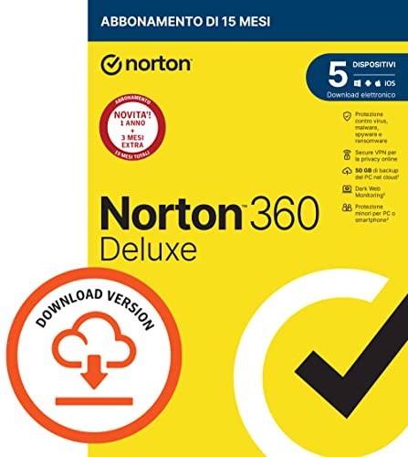 Norton 360 Deluxe 2023 | Antivirus per 5 dispositivi | Licenza di 15 mesi | PC, Mac, tablet e smartphone | Codice d attivazione via email