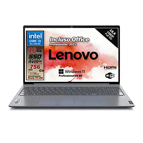 Notebook Lenovo SSD Cpu Intel Core I3 di 10 Gen, Display Full Hd Led da 15,6  Ram 16 Gb DDR4 , SSHD 756 Gb, Wifi, Webcam, Bt, Win11 Pro, Office Pro 2021, Pronto All uso Gar. Italia 2 Anni