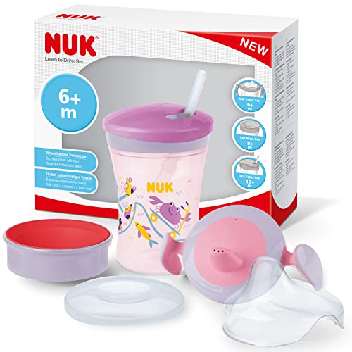 NUK 3-in-1 Set per imparare a bere con Trainer Cup Bicchiere Antigoccia (6+ mesi), Magic Cup 360° Tazza (8+ mesi) e Action Cup Tazza per Bambini (12+ mesi) | 230 ml | Senza BPA | viola