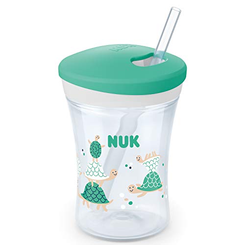 NUK Action Cup tazza per bimbi | 12+ mesi | Coperchio con chiusura ad avvitamento e cannuccia morbida | A prova di perdite | Senza BPA | 230ml | tartaruga (turchese) | 1 pezzo