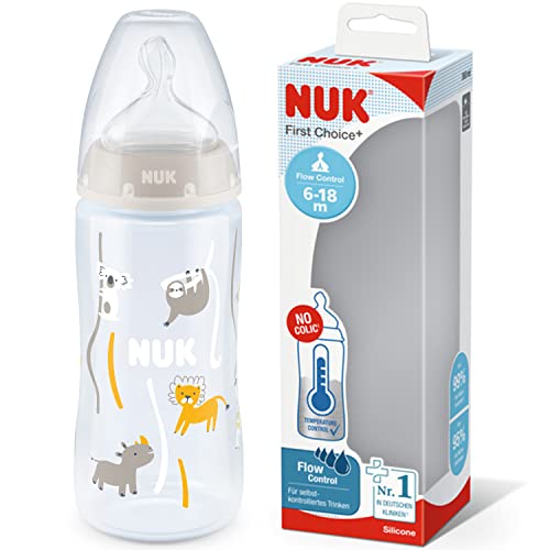 NUK First Choice+ biberon | 6-18 mesi | Controllo temperatura | Flow Control | Sfiato Anti-Colica | Senza BPA | 300 ml | Tettarella in silicone | Safari (neutro)