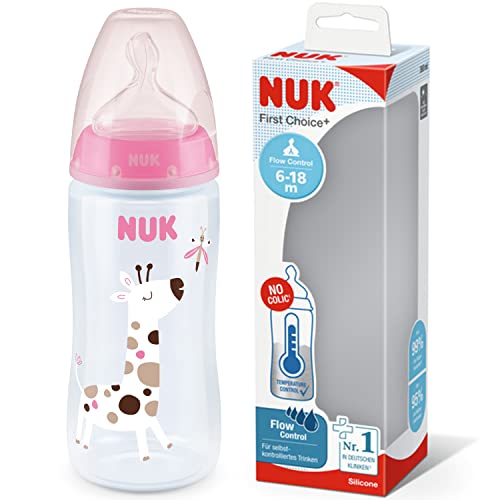 NUK First Choice+ biberon | 6-18 mesi | Controllo temperatura | Flow Control | Sfiato Anti-Colica | Senza BPA | 300 ml | Tettarella in silicone | Giraffa (rosa)