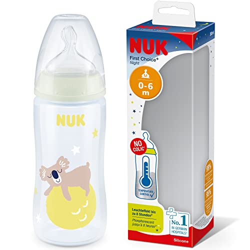 NUK First Choice+ Biberon per la notte | 0-6 mesi | Si illumina al buio | Controllo della temperatura | Sistema anti-colica | 300 ml | Senza BPA | Tettarella in silicone | Koala