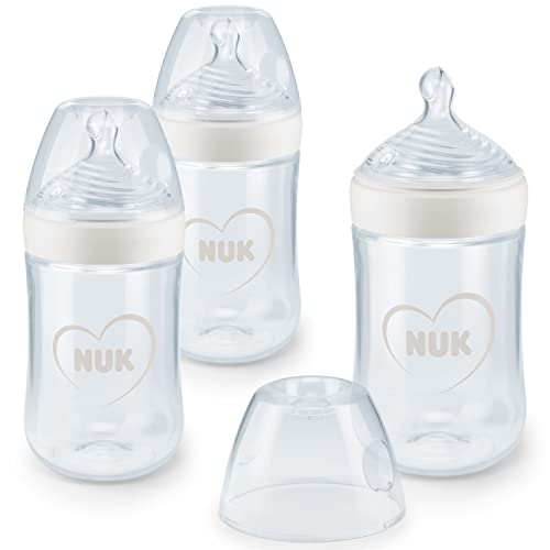 NUK Nature Sense Baby Bottles Set | 6-18 Months | Silicone Teat | Anti-Colic Vent | BPA-Free | 260 ml | Hearts (White) | 3 Count