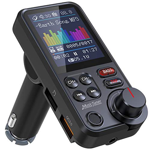 Nulaxy Trasmettitore Bluetooth per auto, adattatore per autoradio Bluetooth con schermo a colori da 1,8 con microfono potente per chiamate a mani libere migliori, supporta la ricarica QC3.0, KM30
