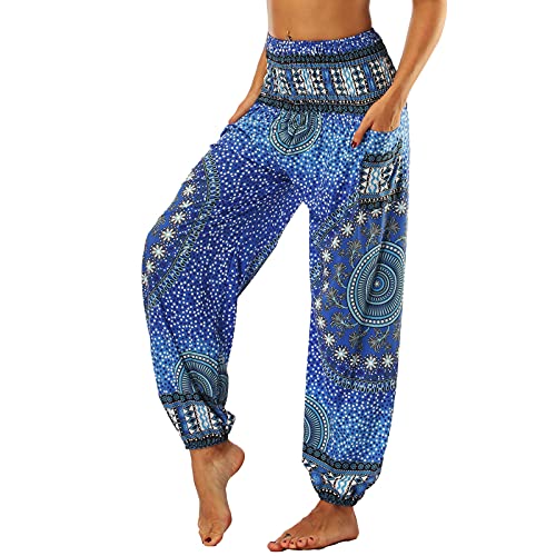 Nuofengkudu Pantaloni Harem Estivi Baggy Aladin alla Turca Boho Etnici Vintage Stampa Vita Alta con Tasconi Hip Hop Yoga Pants Beach Blu Flor