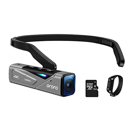 ORDRO EP7 Videocamera 4K FPV Vlog Videocamera WiFi a Mani Libere Testa Videocamera Lndossabile 30FPS Videocamera con Giunto Cardanico a 2 Assi Integrato, Telecomando e Scheda MicroSD da 64 GB