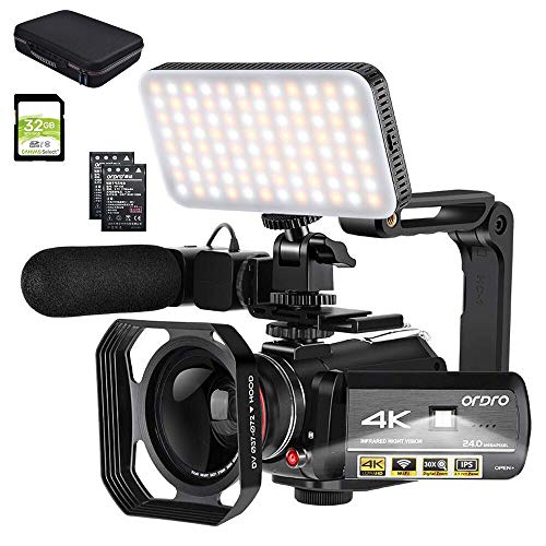 ORDRO Videocamera per Visione Notturna 4K IR Videoregistratore WiFi 1080P 60FPS con Luce Video LED, Microfono, Obiettivo Grandangolare, Custodia da Trasporto e Scheda SD da 32 GB