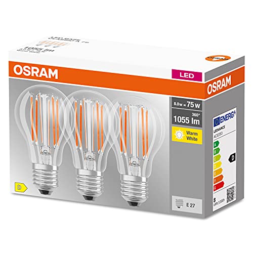 OSRAM LED BASE Classic A75, lampade LED a filamento chiaro in vetro per base E27, forma di lampadina, bianco caldo (2700K), 1055 lumen, sostituisce le lampadine tradizionali 75W, scatola da 3
