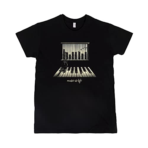 Pampling T-Shirt Music Is Life - Maglietta Pianoforte - Colore Nero - 100% Cotone - Stampa Serigrafica di Alta qualità