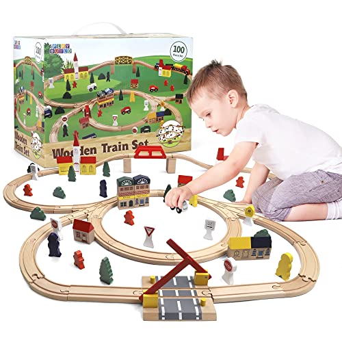 Play Build Trenino in Legno per Bambini - 100 Pezzi Set Completo di Trenino per Bambini per Giochi e Apprendimento Interattivi - Design Creativo di Binario del Treno in Legno - Età 3+