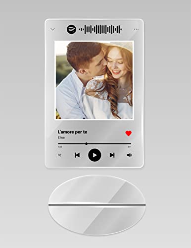 Point20.it MusicPlex con Codice Spotify - Targa musicale personalizzata con foto nomi e canzoni - stampa UV su Plexiglass trasparente - regalo per San Valentino e anniversario (15_x_20 cm con base)