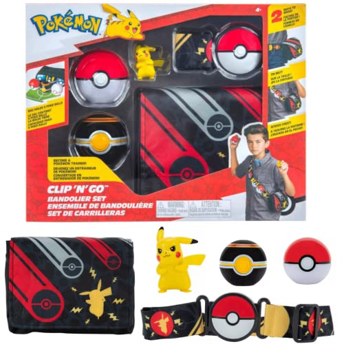 Pokemon Bandolier Clip N Go Cintura Set Pikachu & Pokeball – Include 1 Personaggi da 5 cm, 1 Borsa, 1 Cintura e 2 Palline da Poker – Licenza Ufficiale Pokemon Giochi 2022