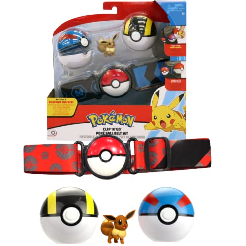 Pokemon Clip N Go Cintura Set Eevee & Pokeball – Include 1 Personaggi da 5 cm, 1 Cintura e 2 Palline da Poker – Licenza Ufficiale Pokemon Giochi