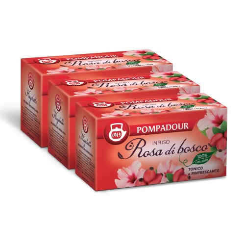 Pompadour, Infuso Rosa di Bosco, 60 Filtri (3 Confezioni da 20 Filtri), Tonico e Rinfrescante, 100% Naturale, Senza Lattosio, Glutine e Allergeni, Vegan