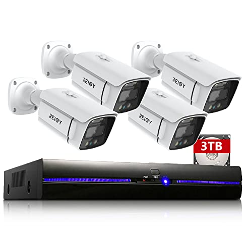 REIGY 4K Kit Videosorveglianza IP POE con Spotlight 3TB HDD, Sistema di Sicurezza 4CH NVR + 4x 8MP Camera, Telecamera Sorveglianza con Visione Notturna a Colori, Impermeabile, Audio Bidirezionale
