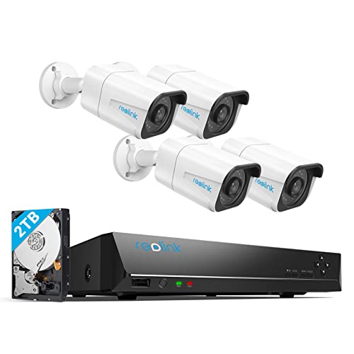 Reolink 4K Kit Videosorveglianza Poe, NVR 8CH 2TB e 4 x 8MP Telecamera IP Esterno, Rilevamento Intelligente Persona Veicolo, Sistema di Sorveglianza Impermeabile, Espandibile a 12TB, RLK8-800B4-A