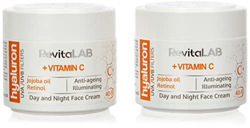 RevitaLAB - Crema giorno e notte antietà con acido ialuronico, arricchita con vitamina A, B3, B5, E, C, olio di jojoba e filtri UV, 40-55 anni, 50 ml - Formato multipack