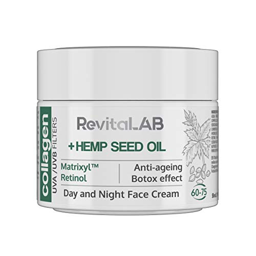 RevitaLAB Day and Night Collagen Anti-Aging Moisturiser, enriched with Hyaluronic Acid, Matrixyl 3000, Hemp Seed Oil, and a UVA UVB Filter for Ages 60 - 75, 50 ml
