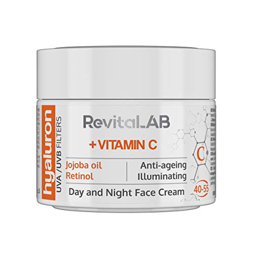 RevitaLAB Hyaluron Anti-Aging Day and Night Cream, Enriched with Vitamins A, B3, B5, E, C, Jojoba Oil, and UV Filters for Ages 40 – 55, 50 ml