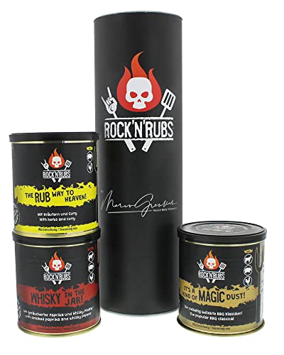 ROCK N RUBS Set di 3 spezie per barbecue in tubo nero -  Whisky in the Jar ,  It s a Kind of Magic Dust  &  The Rubway to Heaven  - 450 g