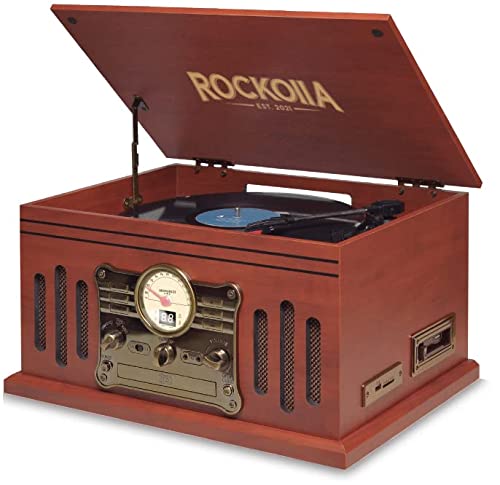 ROCKOLLA - Giradischi in Vinile Vintage Bluetooth con Altoparlanti Integrati - Riproduzione di Dischi in Vinile LP, Radio FM, Cassette, CD, MP3 USB e Lettore di Schede SD - Registratore di Musica