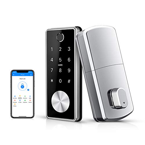 Ruveno - Serratura per porta intelligente, biometrica, senza chiave, con funzione WiFi, Bluetooth, con funzione di sicurezza, con chiusura a impronta digitale (argento)