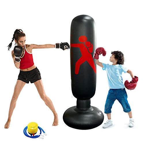 Sacco da Boxe da terra Gonfiabile 160cm,Colonna Tumbler per Fitness Pratica di Taekwondo,Alleviare lo Stress per Bambini e Adulti (Black) (Black)