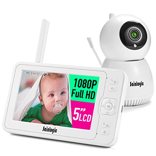 Sainlogic Video baby monitor con fotocamera, 1080P FHD display LCD da 5 pollici, visione diurna e notturna, portata 140 m, obiettivo grandangolare, con funzione sveglia, sensore di temperatura