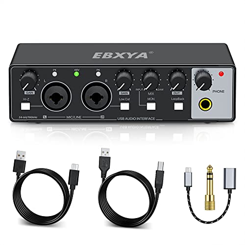 Scheda Audio Esterna, EBIXA Audio Interfaccia USB Nero per PC, 24-Bit 192kHz Mixer Audio Professionale, USB-C Audio Interface con Preamplificatori, 48V Phantom Alimentazione