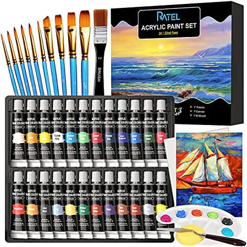 Set colori acrilici RATEL, [24 * 22ml] 2 tela + 10 pennelli + n. 2 pennelli + tavolozza + spatola + spugna,per legno, set di colori acrilici atossici per principianti, artisti