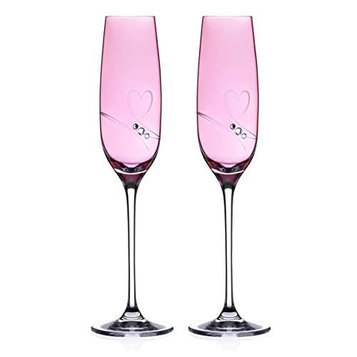 Set di 2 calici da champagne rosa con cristalli Swarovski, colore: rosa lucido