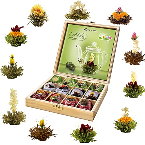 Set regalo di Creano di Fior di Tè in una Scatola di legno, Tè bianco, verde e nero - 12 Fiori di Tè con 12Tipi diversi
