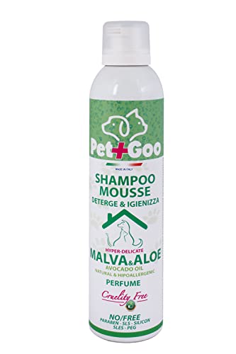 Shampoo per Animali - Mousse a Secco con Olio di Avocado 300ml - Ideale per tutti i tipi di pelo – Profumato - Shampoo Delicato – Manto Soffice – Senza uso di Acqua (Malva)