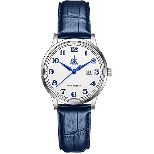 SK Orologi da donna Classic Business con cinturino in acciaio inossidabile ed elegante orologio da donna con calendario in vera pelle (Arabic Number-Blue Leather)