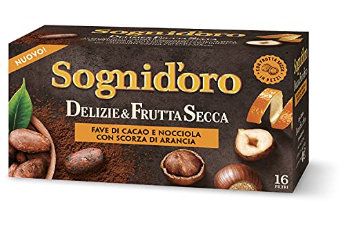Sogni d oro Tisana Delizie&Frutta Secca Fave cacao e nocciola con scorza di arancia, Astuccio da 16 Filtri, complemento alimentare, senza calorie. 40 gr