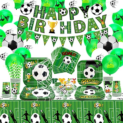 Stoviglie per feste di calcio, tra cui striscioni Happy Birthday, piatti, decorazioni per torte, tazze, tovaglioli, tovaglie, cannucce, per ragazzi, sport, feste di compleanno per 20 persone