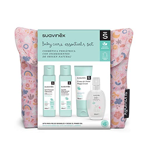 Suavinex Beauty Case da Viaggio in Tessuto - Kit idea regalo neonato con 4 prodotti - Baby Cologne, Lozione Idratante, Crema Cambio Pannolino e Shampoo - Rosa