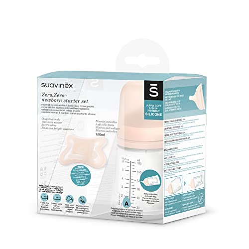 Suavinex ZeroZero Set Neonato con Biberon, 180 ml Flusso Adattabile + Mini Ciuccio per Bambini da -2 a 2 Mesi, 2 unità, colore: skin