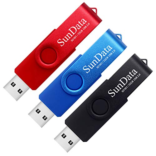 SunData Chiavetta USB 32GB 3 Pezzi PenDrive Girevole USB2.0 Flash Drive Thumb Drive Memoria Stick per Archiviazione Dati con Luce LED (3 colori: Nero Blu Rosso)