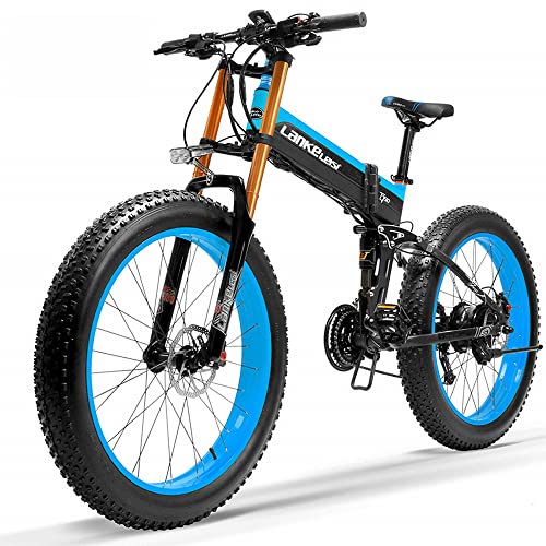 T750plus Bicicletta elettrica da neve pieghevole da 26 pollici per mountain bike per adulti, bici elettrica a 27 velocità con batteria rimovibile (Blue, 10.4Ah)