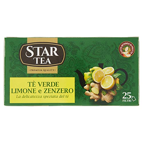Tè STAR Tea Verde Limone e Zenzero, confezione da 25 filtri, una miscela pregiata dal gusto ricco e intrigante. Perfetto per una pausa di piacere soli o in compagnia.