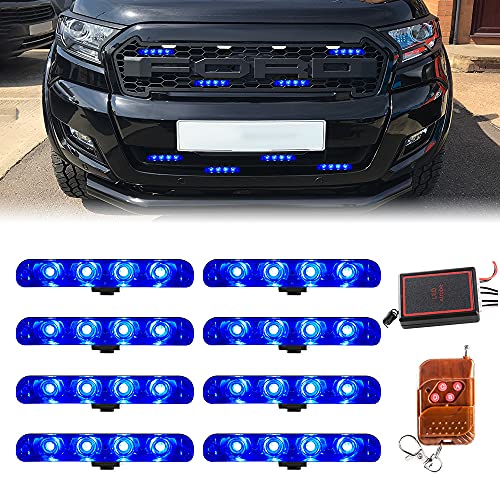 Teguangmei 8x4 LED lampeggiatore di emergenza strobo spia luce per auto lampeggiante 12V 8 in 1 griglia di montaggio superficiale avvertimento luce esterna con telecomando senza fili(Blu)