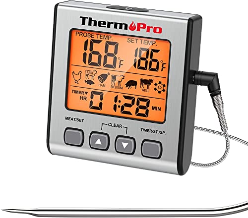 ThermoPro TP16S Termometro digitale per carne, ottimo per grigliare e barbecue, con modalità timer intelligente e retroilluminazione